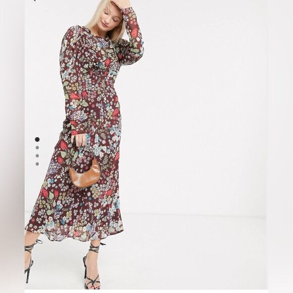 ASOS Design Brown Maxi Dress w/ Puff Sleeves in Vintage Floral Pattern - Picture 1 of 10